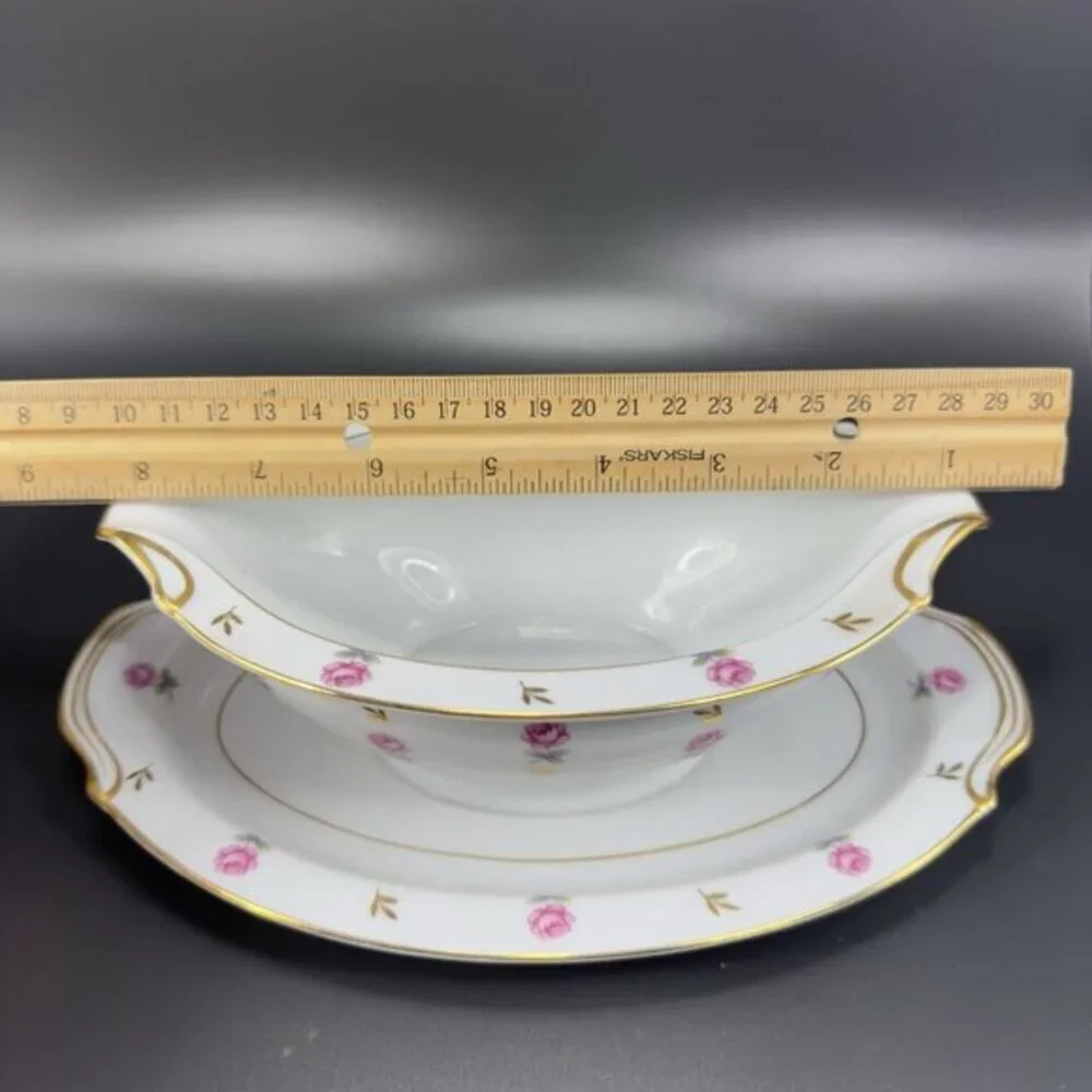 Noritake Rosalie Gravy Boat with Attached UnderPlate Sauce‎ Dish Porcelain Japan